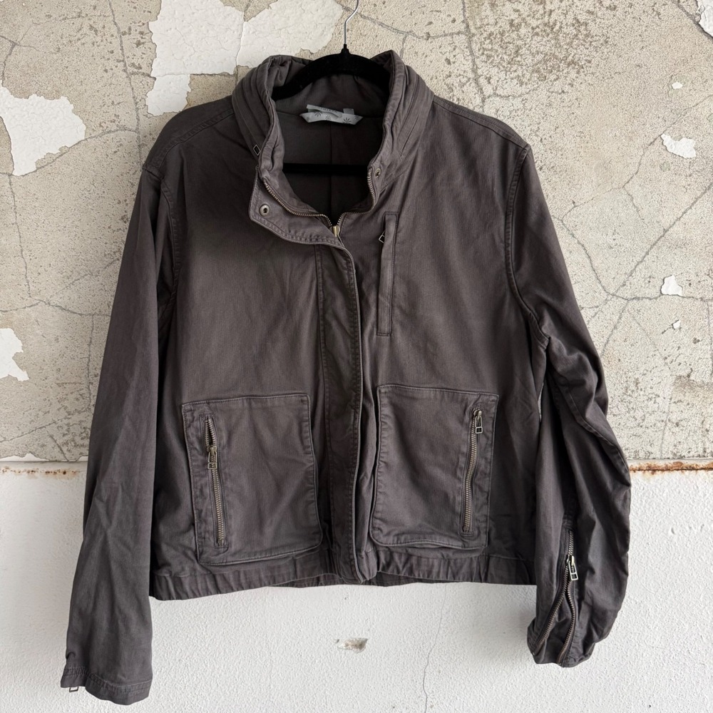 Athleta Utility Jacket Full Zip Hidden Hood Moto Coat Cargo Pockets Womens L